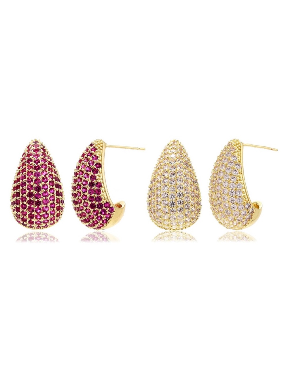 2 Pairs 14K Gold Plated Teardrop Huggie Earrings, CZ Stud